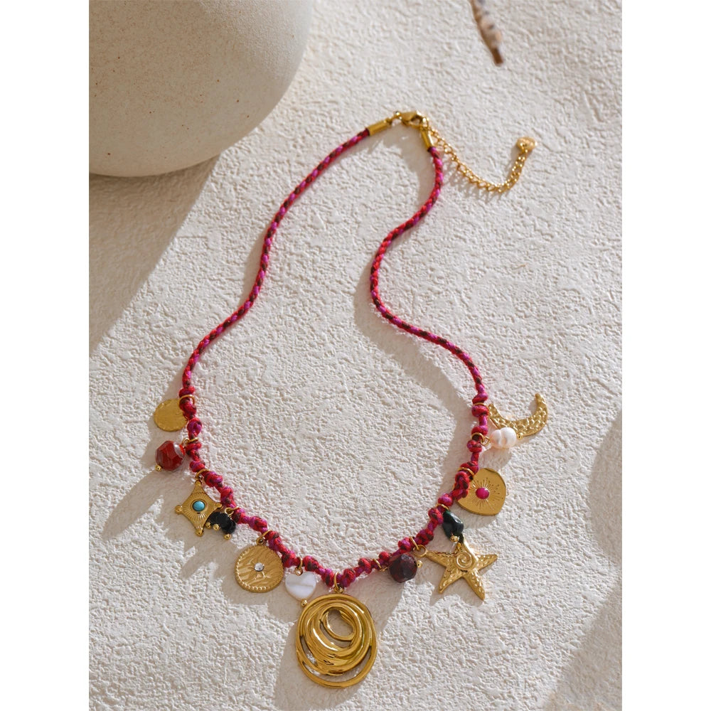 Yhpup moda corda trançada pulseira artesanal gota pedra natural lua estrela acessórios de aço inoxidável jóias populares