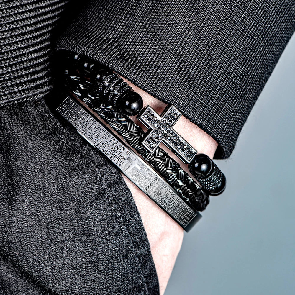 Pulseira masculina vintage de ônix preto com contas e cruz de zircônia sintética, versículos da bíblia, pulseira de aço inoxidável, joias religiosas
