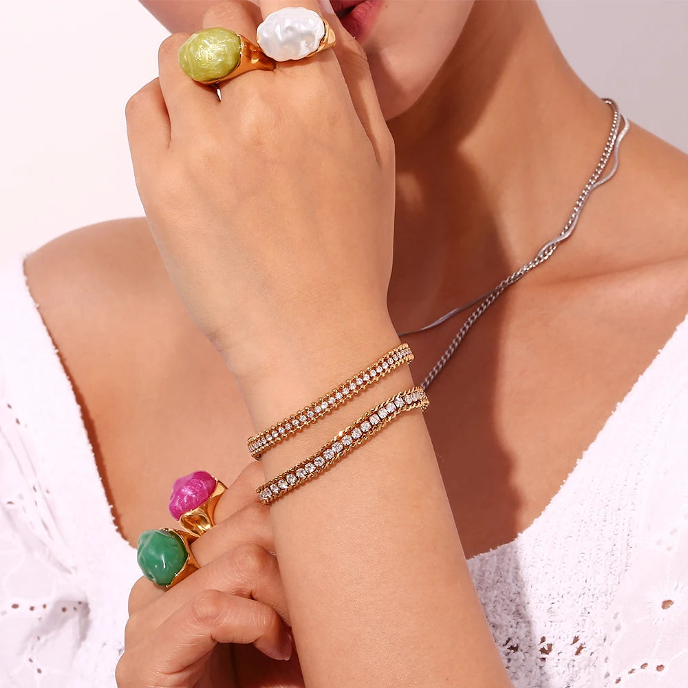 La.Muses Pulseira de corrente de aço inoxidável de zircônia cúbica brilhante banhada a ouro 18K joias à prova d'água para mulheres joias premium presentes