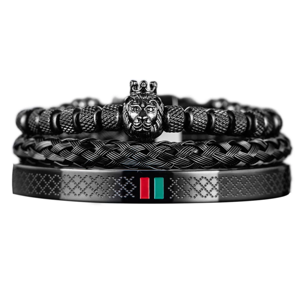 Pulseira com cabeça de leão para homens, amuleto coroa real, aço inoxidável, ajustável para casal joias, esmalte luxuoso verde e vermelho, geometryOpen