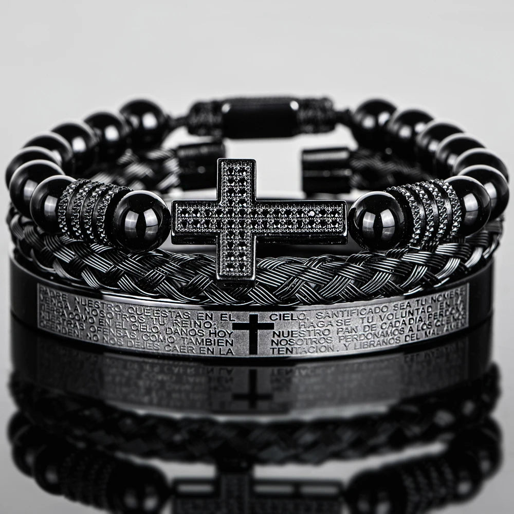 Pulseira masculina vintage de ônix preto com contas e cruz de zircônia sintética, versículos da bíblia, pulseira de aço inoxidável, joias religiosas