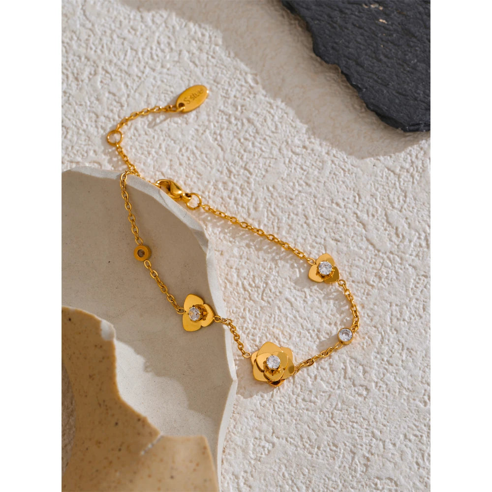 Yhpup presente design exclusivo aço inoxidável zircônia metal flor pulseira feminina 18k cor dourada delicada joias de pulso