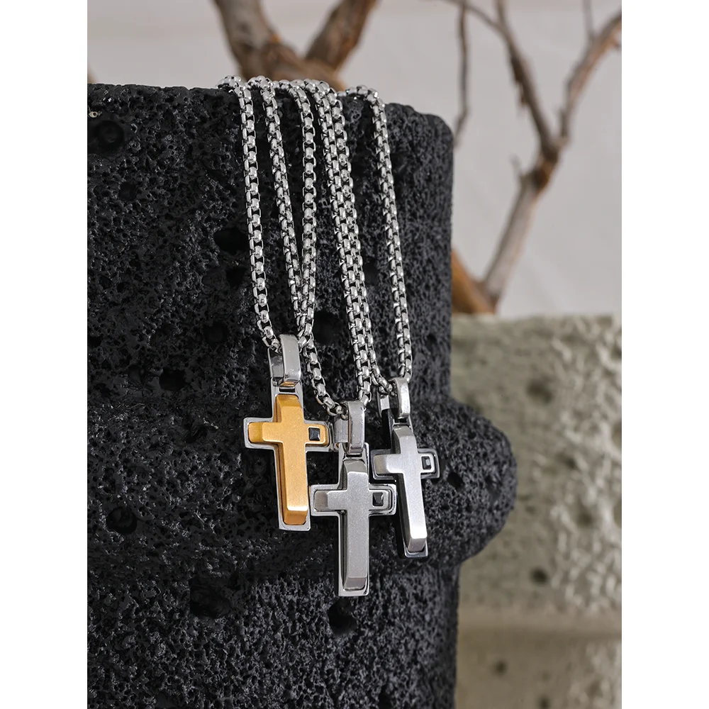 Yhpup-Colar com pingente cruz tridimensional masculino, joia em aço inoxidável, moda clássica minimalista, presente à prova de ferrugem
